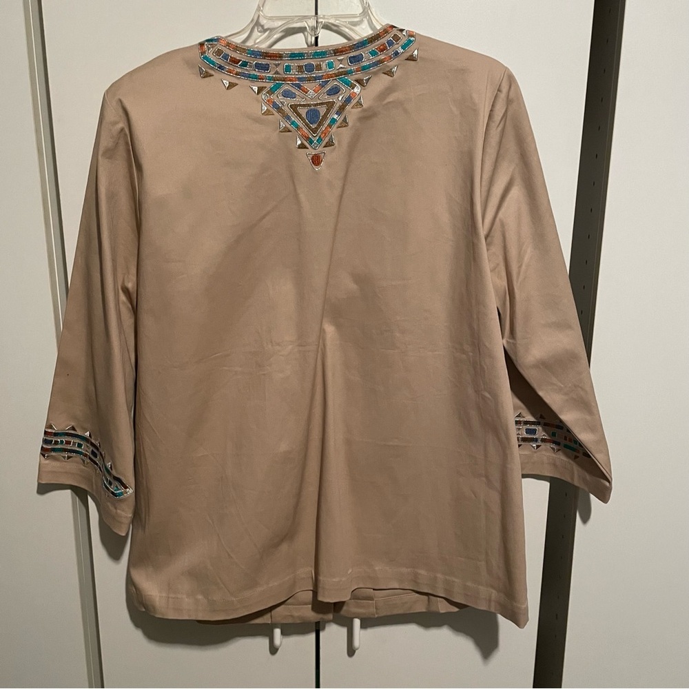 Bob Mackie Wearable Art Beige Button-Front Embellished Women's Top - Picture 5 of 8